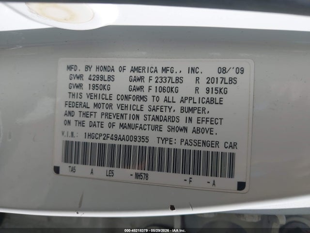 Продажа на аукционе авто 2010 Honda Accord 2.4 Lx-p, vin: 1HGCP2F49AA009355, номер лота: 45218379