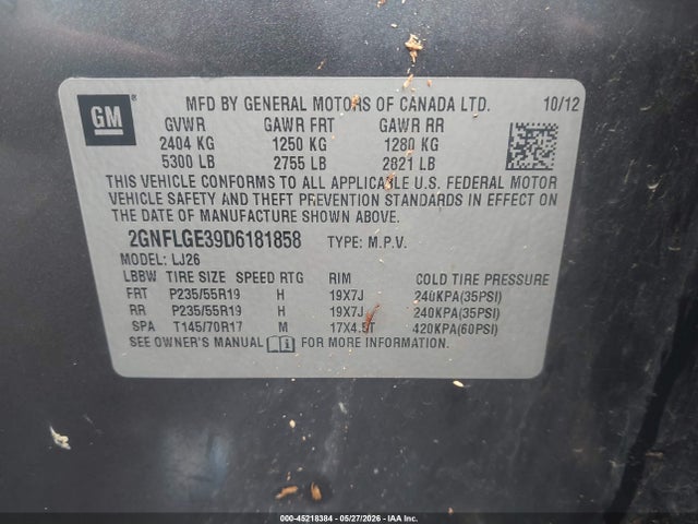 45218384 :رقم المزاد ، 2GNFLGE39D6181858 vin ، 2013 Chevrolet Equinox Ltz مزاد بيع