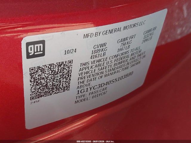 Aukcja sprzedaży 2025 Chevrolet Corvette Stingray Rwd  3lt, vin: 1G1YC3D40S5103880, numer aukcji: 45218385