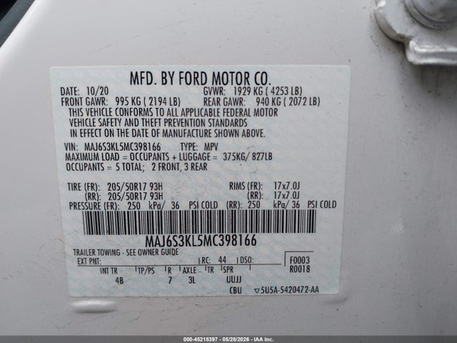 Aukcja sprzedaży 2021 Ford Ecosport Titanium, vin: MAJ6S3KL5MC398166, numer aukcji: 45218397