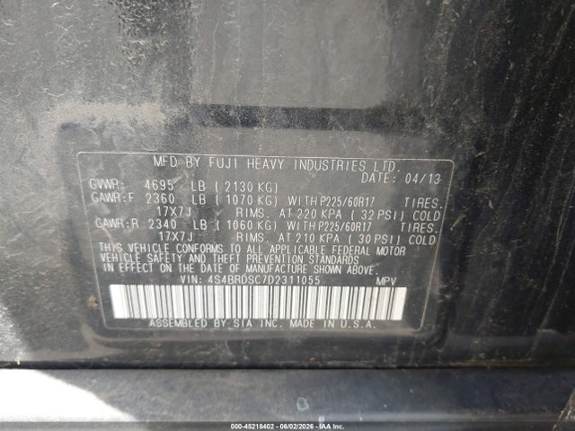 Продаж на аукціоні авто 2013 Subaru Outback 3.6r Limited, vin: 4S4BRDSC7D2311055, номер лоту: 45218402