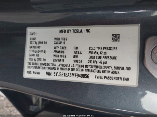 Aukcja sprzedaży 2021 Tesla Model 3 Standard Range Plus Rear-wheel Drive, vin: 5YJ3E1EA6MF940056, numer aukcji: 45218414