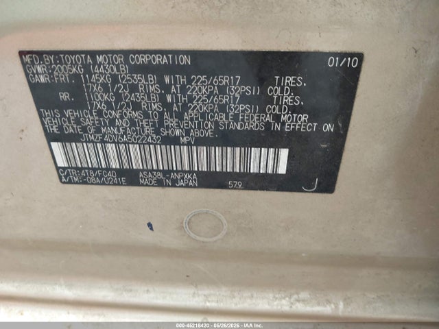 45218420 :رقم المزاد ، JTMZF4DV6A5022432 vin ، 2010 Toyota Rav4 مزاد بيع