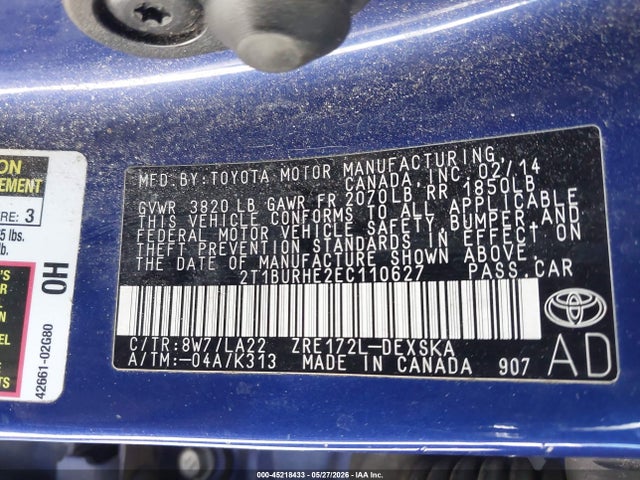 2014 Toyota Corolla S Premium მანქანა იყიდება აუქციონზე, vin: 2T1BURHE2EC110627, აუქციონის ნომერი: 45218433