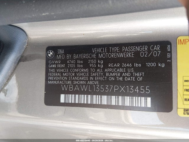 2007 Bmw 328i მანქანა იყიდება აუქციონზე, vin: WBAWL13537PX13455, აუქციონის ნომერი: 45218440