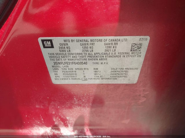 Chevrolet EQUINOX 1LT 2015 2GNFLFE31F6430540 Image 9