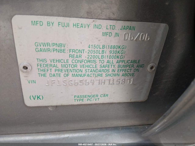 Auction sale of the 2007 Subaru Forester 2.5x, vin: JF1SG65647H715871, lot number: 45218457