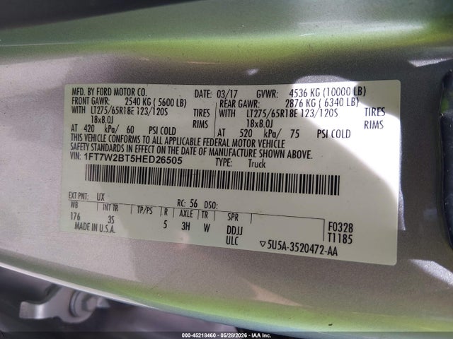 Aukcja sprzedaży 2017 Ford F-250 Xlt, vin: 1FT7W2BT5HED26505, numer aukcji: 45218460