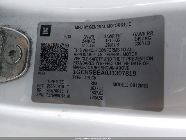 Продаж на аукціоні авто 2018 Chevrolet Colorado Wt, vin: 1GCHSBEA0J1307819, номер лоту: 45218464
