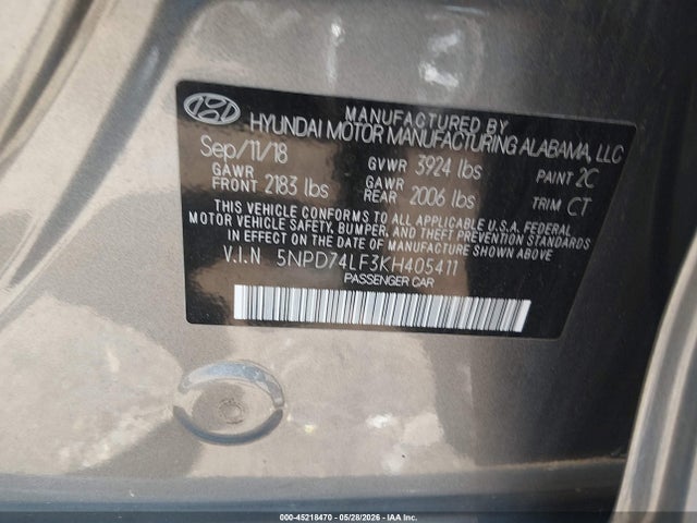 2019 Hyundai Elantra Se მანქანა იყიდება აუქციონზე, vin: 5NPD74LF3KH405411, აუქციონის ნომერი: 45218470