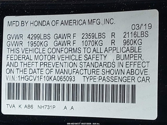 Продажа на аукционе авто 2019 Honda Accord Lx, vin: 1HGCV1F10KA065093, номер лота: 45218472