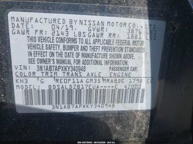Aukcja sprzedaży 2019 Nissan Sentra Sv, vin: 3N1AB7APXKY340948, numer aukcji: 45218485