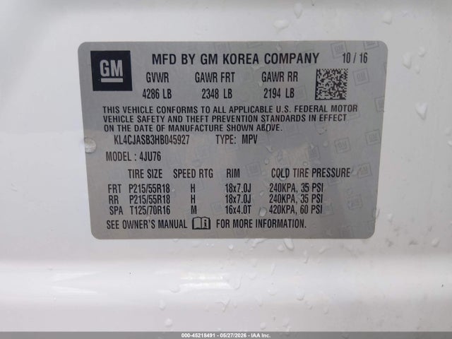 45218491 :رقم المزاد ، KL4CJASB3HB045927 vin ، 2017 Buick Encore Preferred مزاد بيع