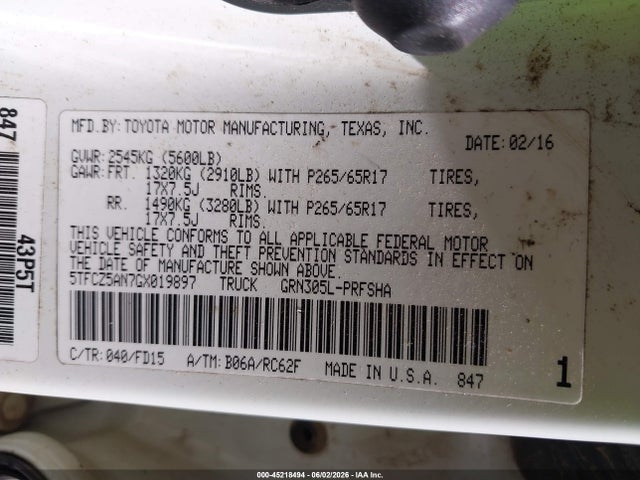 45218494 :رقم المزاد ، 5TFCZ5AN7GX019897 vin ، 2016 Toyota Tacoma Trd Sport مزاد بيع