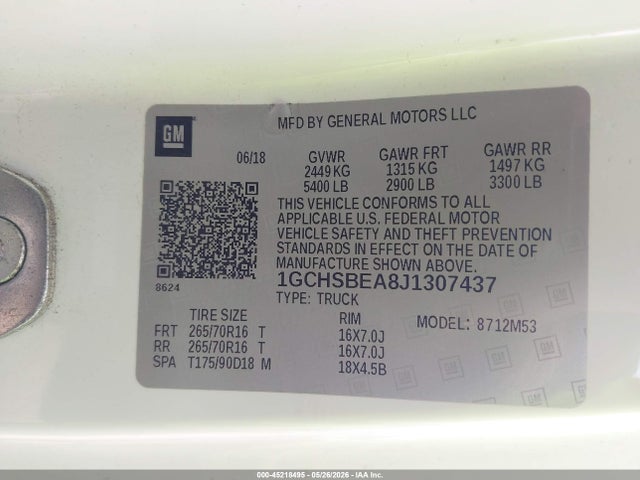 Aukcja sprzedaży 2018 Chevrolet Colorado Wt, vin: 1GCHSBEA8J1307437, numer aukcji: 45218495