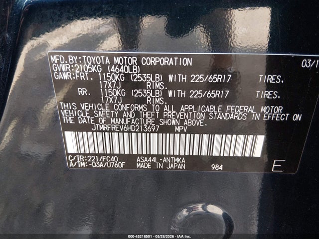 Aukcja sprzedaży 2017 Toyota Rav4 Xle, vin: JTMRFREV6HD213697, numer aukcji: 45218501
