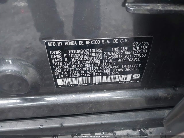 Aukcja sprzedaży 2026 Honda Hr-v Awd Lx, vin: 3CZRZ2H33TM719391, numer aukcji: 45218506