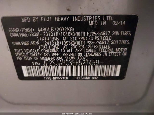 2015 Subaru Forester 2.5i Limited მანქანა იყიდება აუქციონზე, vin: JF2SJAHC3FH521459, აუქციონის ნომერი: 45218510
