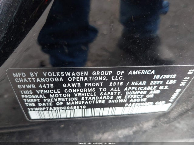 Aukcja sprzedaży 2013 Volkswagen Passat 2.5l Se, vin: 1VWBP7A35DC048519, numer aukcji: 45218511