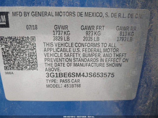 45218512 :رقم المزاد ، 3G1BE6SM4JS653575 vin ، 2018 Chevrolet Cruze Lt Auto مزاد بيع