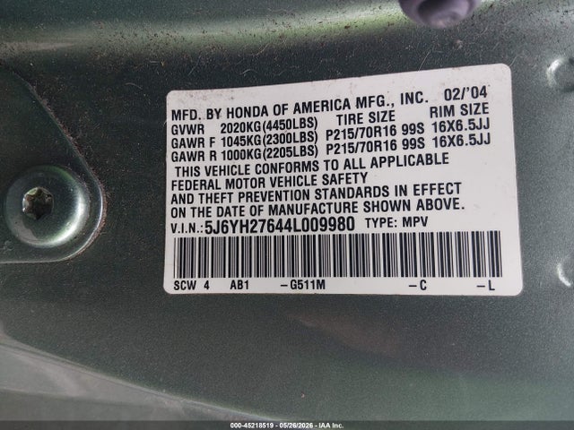 Продажа на аукционе авто 2004 Honda Element Ex, vin: 5J6YH27644L009980, номер лота: 45218519