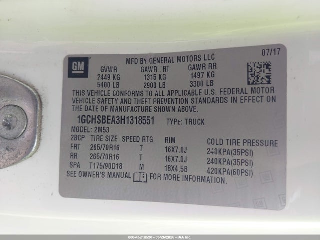 45218520 :رقم المزاد ، 1GCHSBEA3H1318551 vin ، 2017 Chevrolet Colorado Wt مزاد بيع