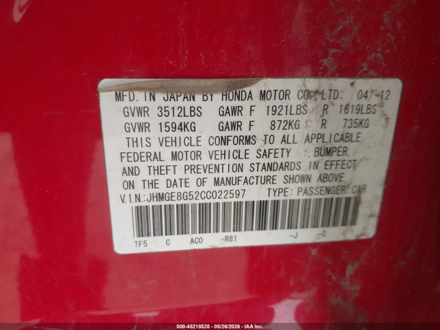 2012 Honda Fit Sport მანქანა იყიდება აუქციონზე, vin: JHMGE8G52CC022597, აუქციონის ნომერი: 45218528