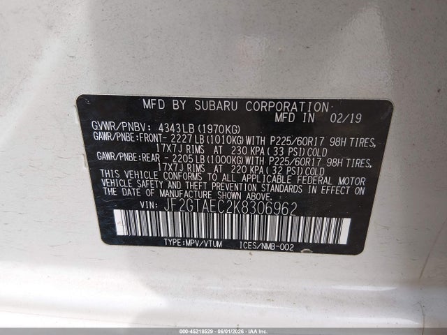 Subaru Crosstrek 2.0i Premium 2019 JF2GTAEC2K8306962 Image 9