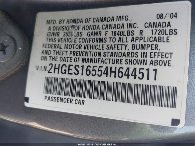 Продажа на аукционе авто 2004 Honda Civic Lx, vin: 2HGES16554H644511, номер лота: 45218538