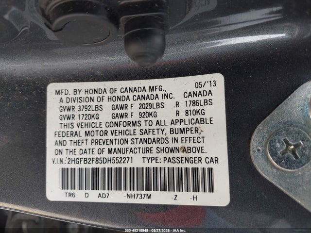 45218548 :رقم المزاد ، 2HGFB2F85DH552271 vin ، 2013 Honda Civic Ex مزاد بيع