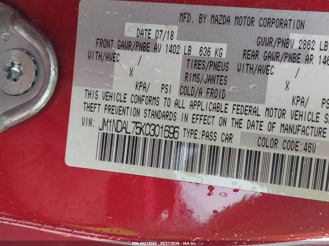 45218560 :رقم المزاد ، JM1NDAL75K0301696 vin ، 2019 Mazda Mx-5 Miata Rf Club مزاد بيع