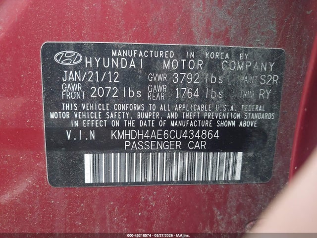 Продажа на аукционе авто 2012 Hyundai Elantra Limited (ulsan Plant), vin: KMHDH4AE6CU434864, номер лота: 45218574