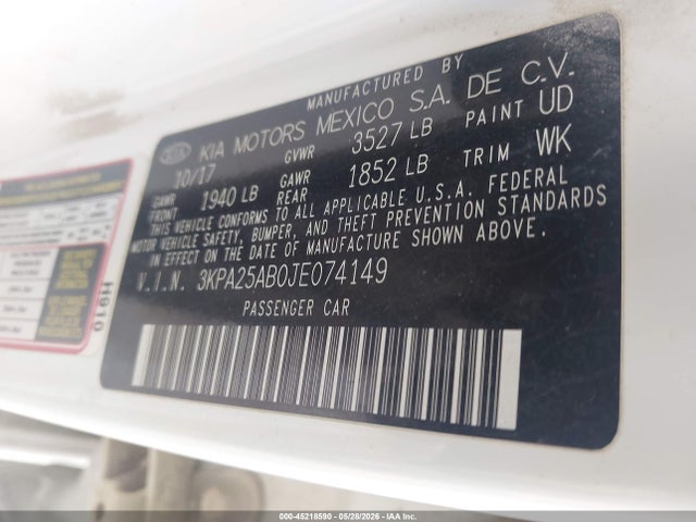 Продаж на аукціоні авто 2018 Kia Rio Lx, vin: 3KPA25AB0JE074149, номер лоту: 45218590