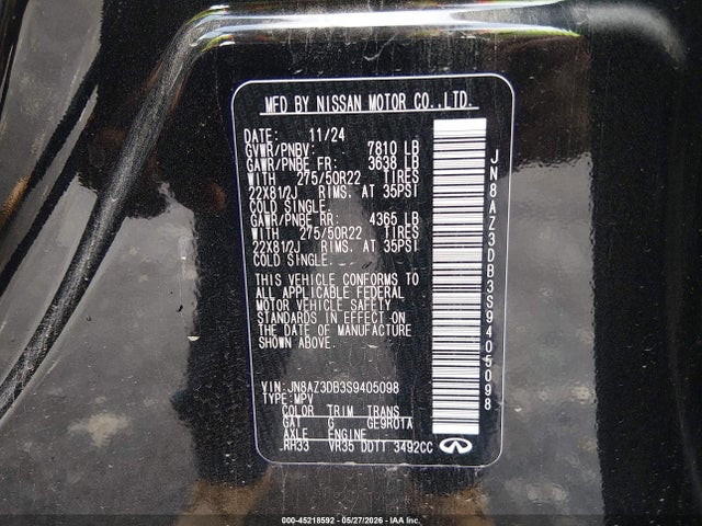 45218592 :رقم المزاد ، JN8AZ3DB3S9405098 vin ، 2025 Infiniti Qx80 Sensory Awd مزاد بيع