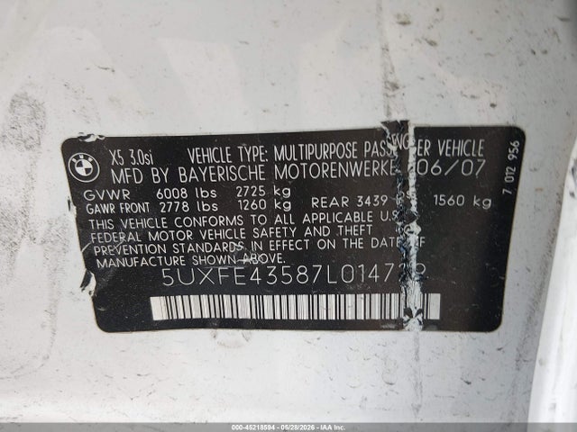 Aukcja sprzedaży 2007 Bmw X5 3.0si, vin: 5UXFE43587L014729, numer aukcji: 45218594
