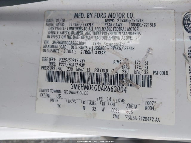 Продажа на аукционе авто 2010 Mercury Milan Premier, vin: 3MEHM0CG0AR663004, номер лота: 45218595