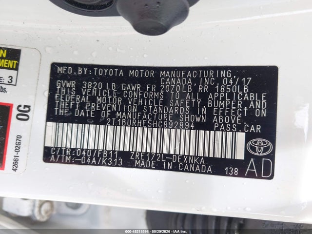 Toyota COROLLA LE 2017 2T1BURHE5HC892894 Image 9