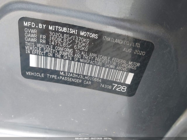 2020 Mitsubishi Mirage Es/se მანქანა იყიდება აუქციონზე, vin: ML32A3HJ3LH010664, აუქციონის ნომერი: 45218607