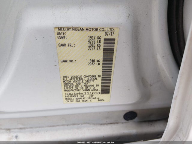 Продажа на аукционе авто 2017 Nissan Altima 2.5 Sl, vin: 1N4AL3AP3HC211010, номер лота: 45218627