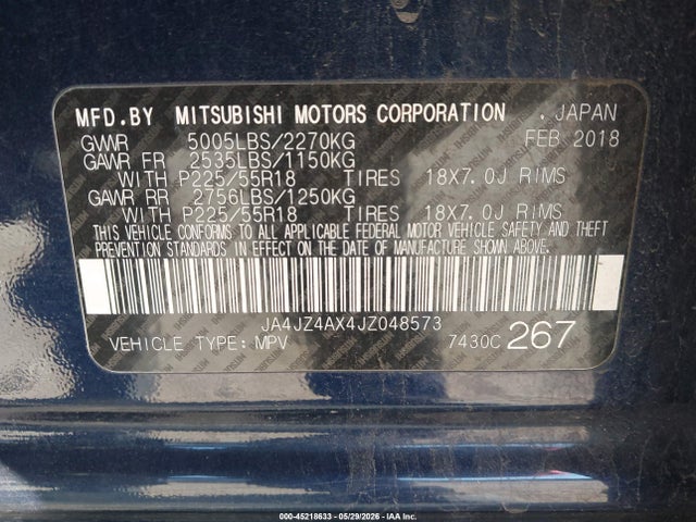 45218633 :رقم المزاد ، JA4JZ4AX4JZ048573 vin ، 2018 Mitsubishi Outlander Gt مزاد بيع