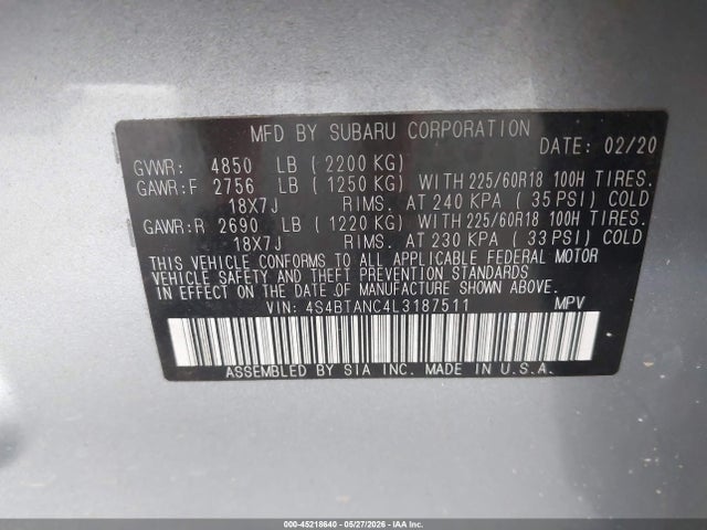 Aukcja sprzedaży 2020 Subaru Outback Limited, vin: 4S4BTANC4L3187511, numer aukcji: 45218640