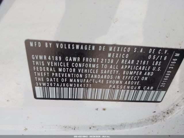 Aukcja sprzedaży 2016 Volkswagen Jetta 1.4t S, vin: 3VW267AJXGM384171, numer aukcji: 45218643