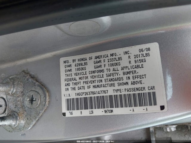 Aukcja sprzedaży 2008 Honda Accord 2.4 Lx, vin: 1HGCP26378A147767, numer aukcji: 45218652