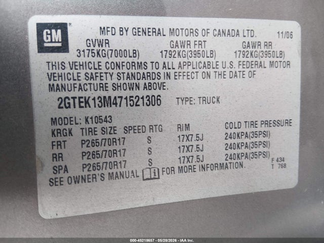 Aukcja sprzedaży 2007 Gmc Sierra 1500 Slt, vin: 2GTEK13M471521306, numer aukcji: 45218657