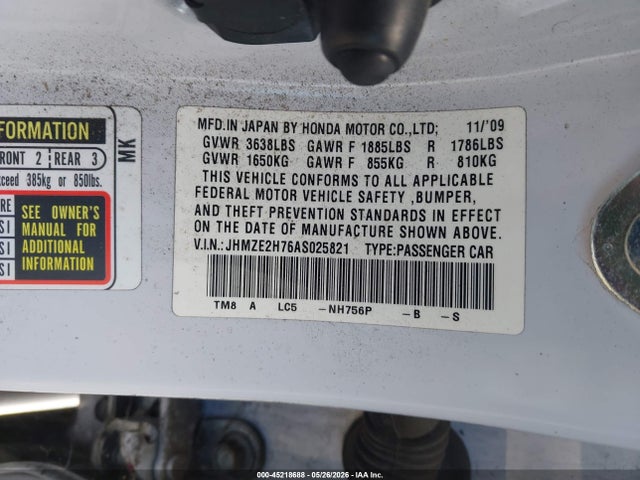 45218688 :رقم المزاد ، JHMZE2H76AS025821 vin ، 2010 Honda Insight Ex مزاد بيع