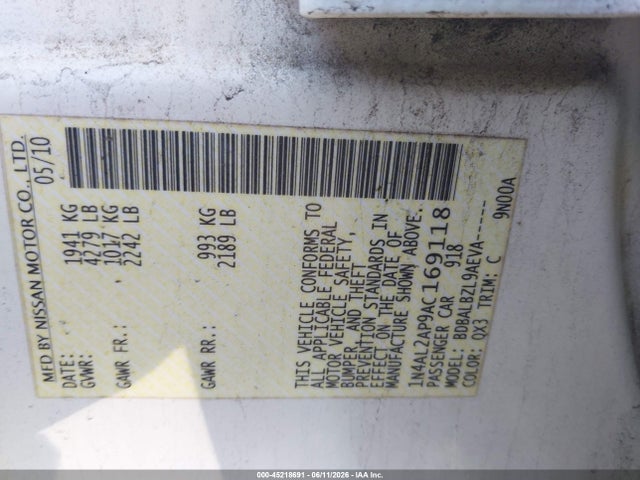 Aukcja sprzedaży 2010 Nissan Altima 2.5 S, vin: 1N4AL2AP9AC169118, numer aukcji: 45218691