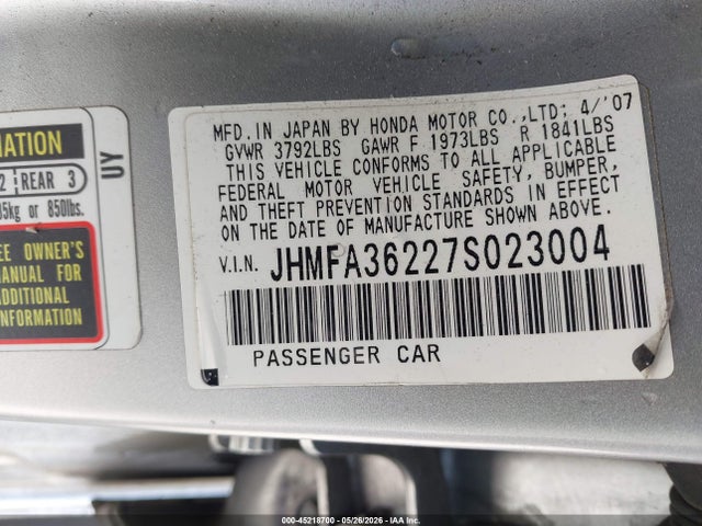 2007 Honda Civic Hybrid მანქანა იყიდება აუქციონზე, vin: JHMFA36227S023004, აუქციონის ნომერი: 45218700