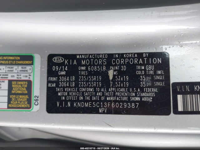 Aukcja sprzedaży 2015 Kia Sedona Sx Luxury, vin: KNDME5C13F6029387, numer aukcji: 45218715