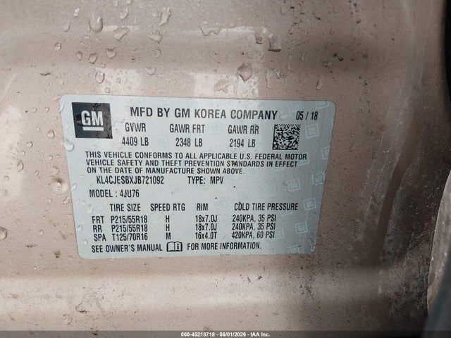 45218718 :رقم المزاد ، KL4CJESBXJB721092 vin ، 2018 Buick Encore Preferred مزاد بيع