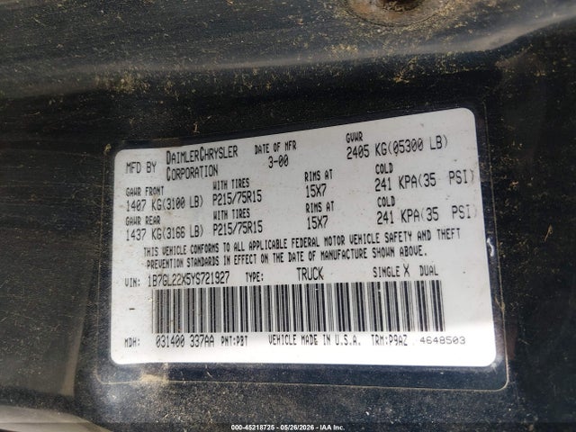 2000 Dodge Dakota Slt/sport მანქანა იყიდება აუქციონზე, vin: 1B7GL22X5YS721927, აუქციონის ნომერი: 45218725
